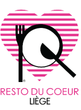 Logo du Resto du Coeur de Liège. Coeur rayé blanc et rose avec au milieu une assiette sur lequel sont posés une fourchette à gauche et un couteau à droite. Sous le coeur on peut lire le texte Resto du Coeur Liège.