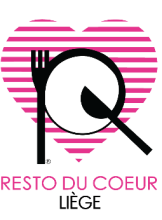 Logo van het Resto du Cœur de Liège : roze en wit gestreept hart op transparante achtergrond met in het midden een bord waarop links een vork en rechts een mes liggen. Tekst onder het hart: Resto du Coeur Liège.